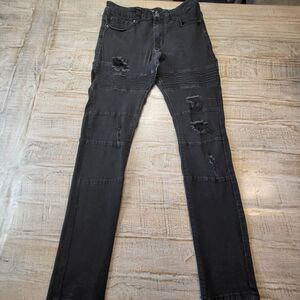 Smoke & Ash Mens 30x31 Black Moto Jeans Distressed Skinny Stretch Streetwear